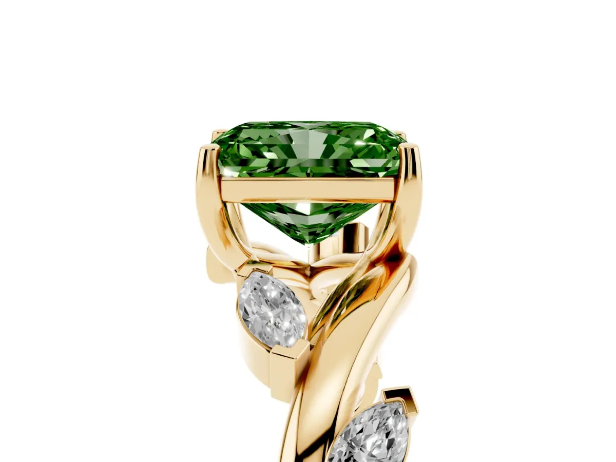 Fancy Green Radiant Cut Solitaire Twisted Band Marquise Accent Prong Setting Ring Yellow gold