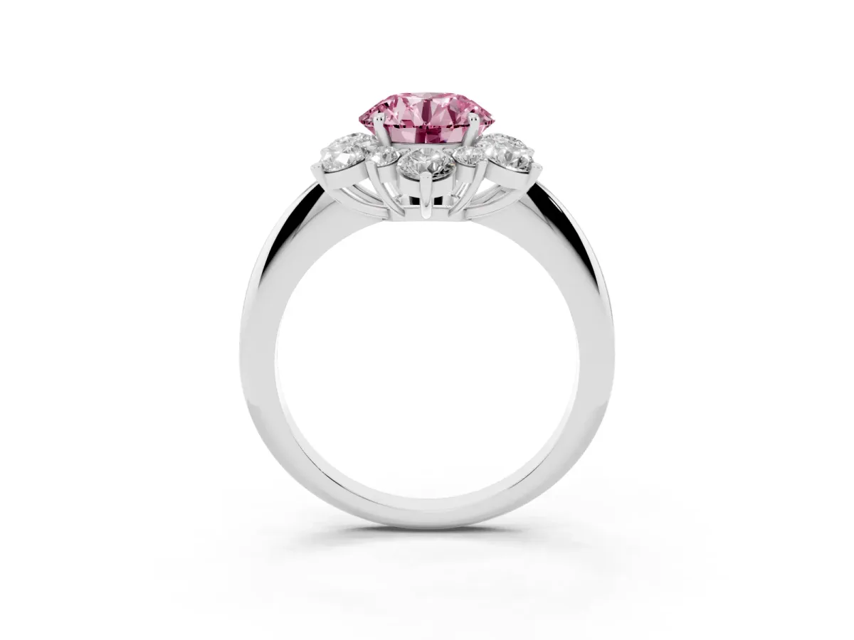 Fancy Pink Round Cut Diamond Cluster Halo Ring with Solitaire Band and Four-Prong Setting Silver