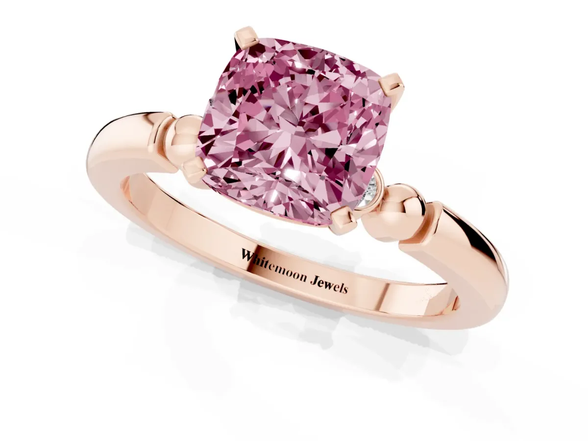 Fancy Pink Cushion Cut Solitaire Beaded Band with Four-Prong Setting Rose gold