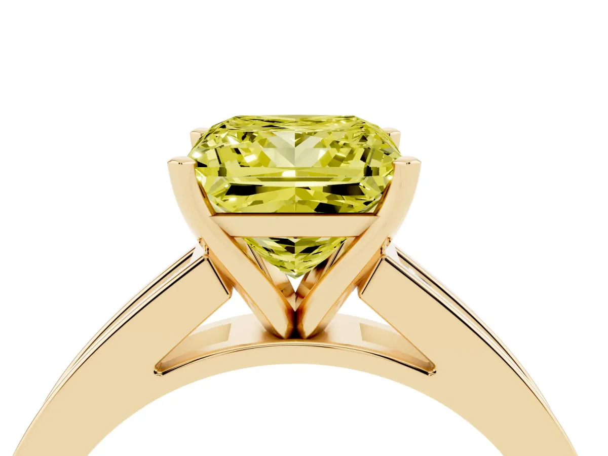 Fancy Yellow Princess Cut Solitaire Diamond Ring with Channel-Set Band and Four-Prong Setting Yellow gold