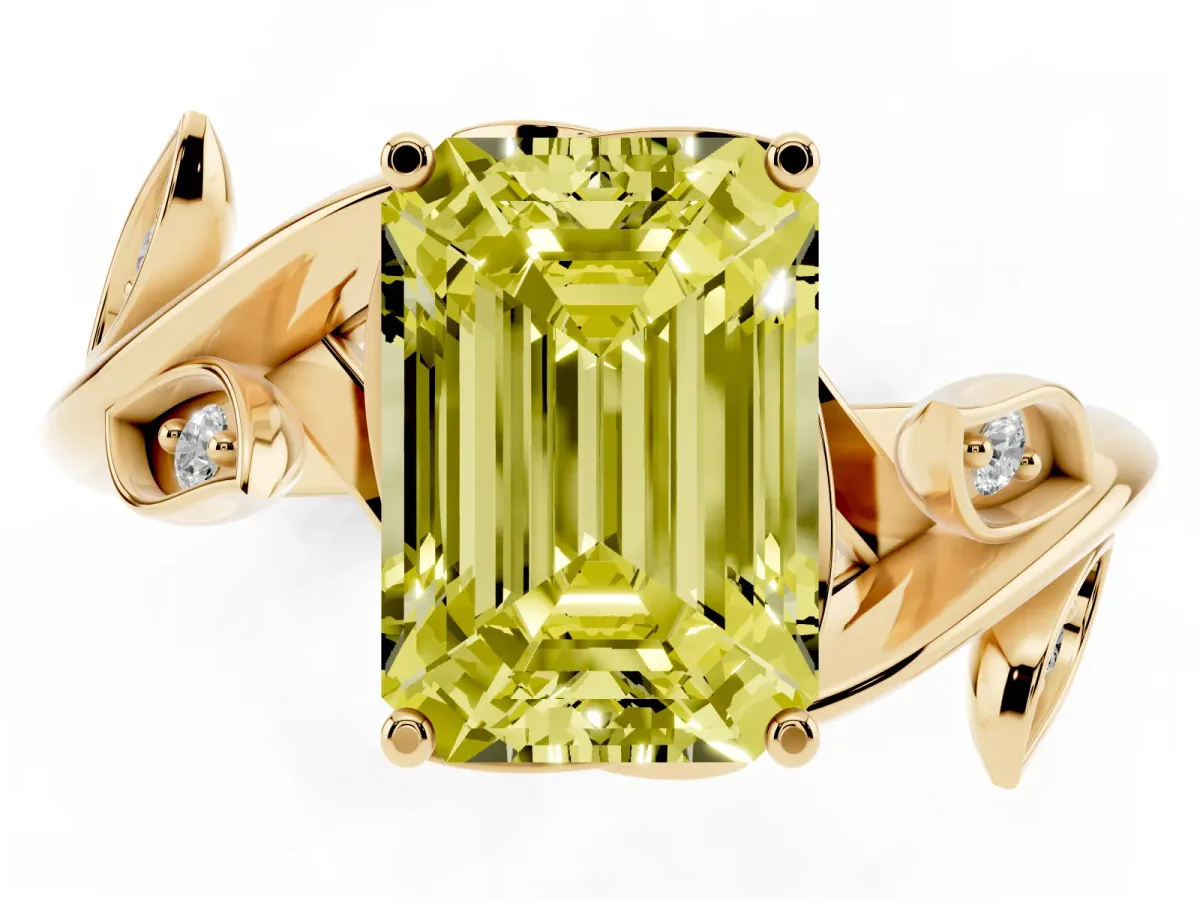 Fancy Yellow Emerald Cut Solitaire Twist Engagement Ring with Leaf Accents and Prong Setting Yellow gold