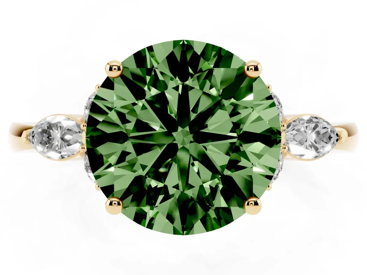 Fancy Green Round Cut Brilliant Diamond Solitaire Ring with Pear Side Stones and Four-Prong Setting Yellow gold