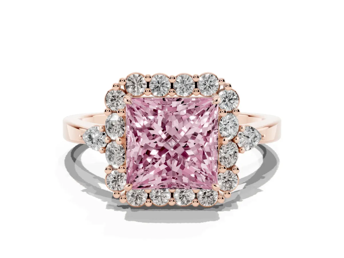 Fancy Pink Princess Cut Diamond Halo Ring with Pear Side Stones and Prong Setting Rose gold