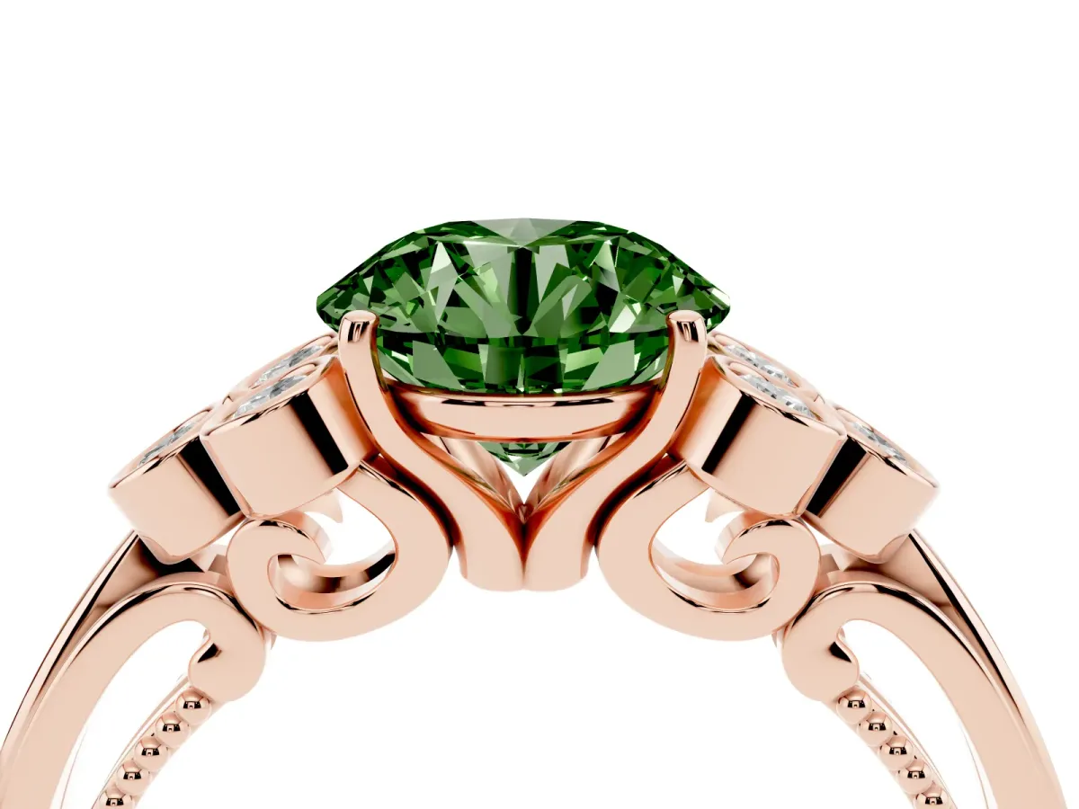 Fancy Green Round Cut Cut Diamond Engagement Ring with Bezel Set Round Side Stones and Prong Setting Rose gold