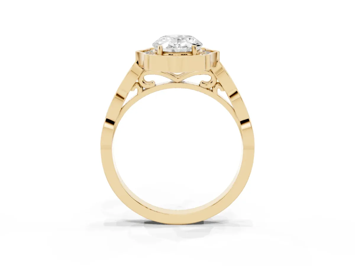 Oval Cut Halo Diamond Engagement Ring with Milgrain Band and Four-Prong Setting Yellow gold