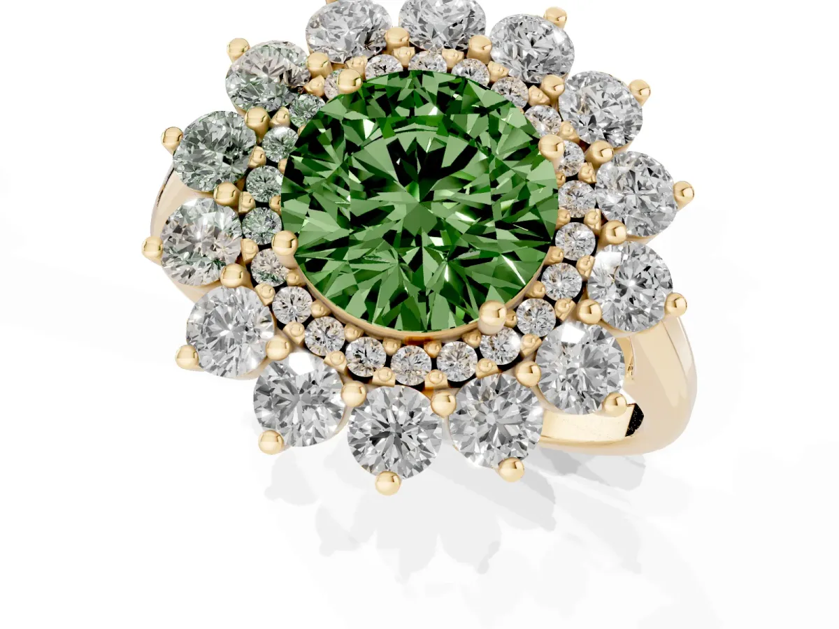 Fancy Green Round Cut Diamond Floral Double Halo Engagement Ring with Prong Setting Yellow gold