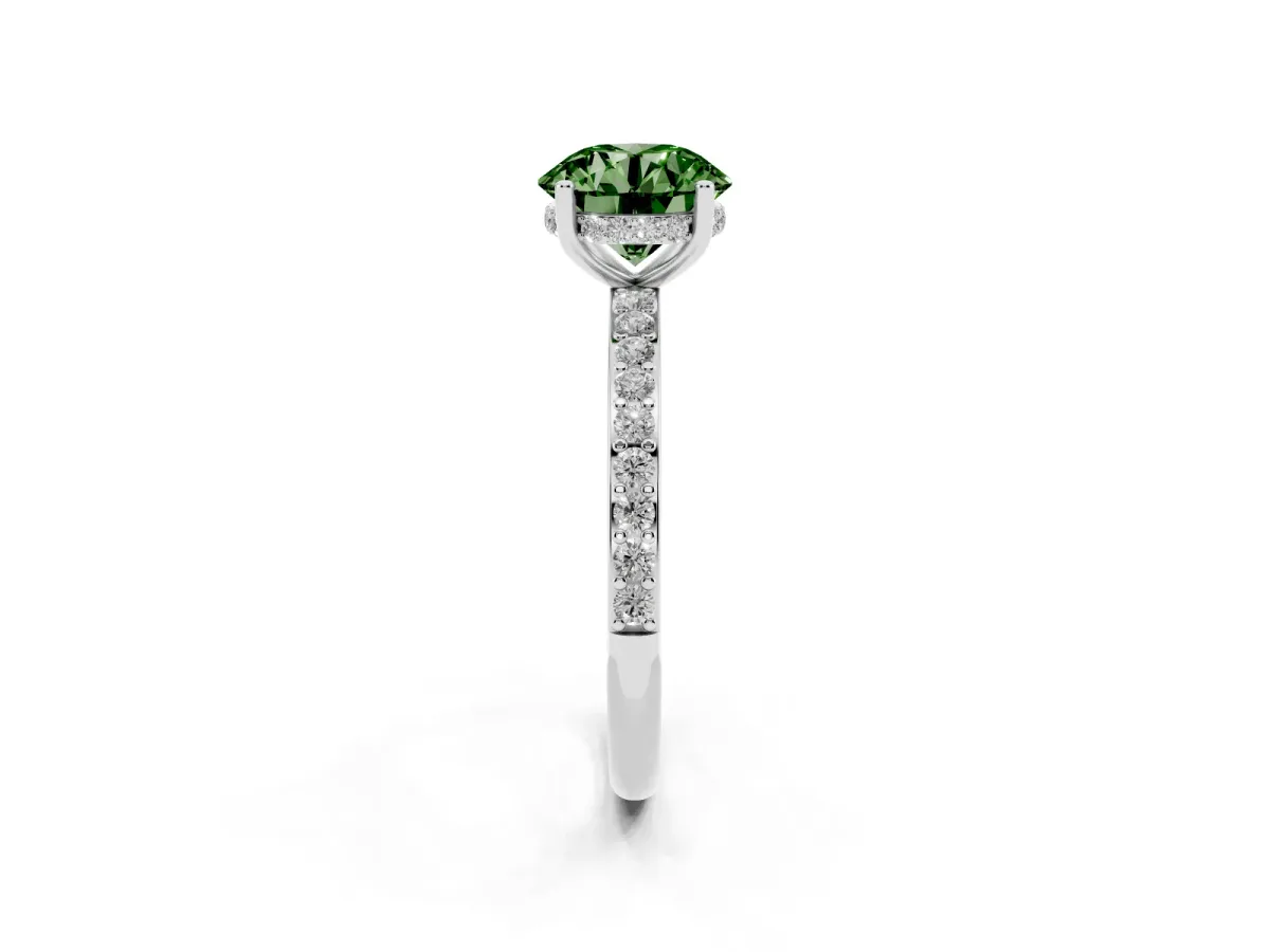 Fancy Green Round Cut Cut Diamond Pavé Band Ring with Four-Prong Setting Platinum