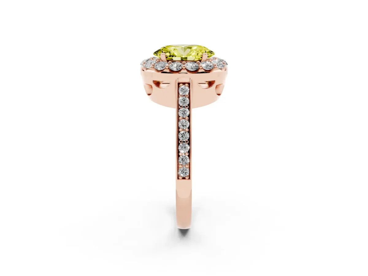Fancy Yellow Oval Cut Diamond Floral Halo Ring with Pavé Band and Prong Setting Rose gold