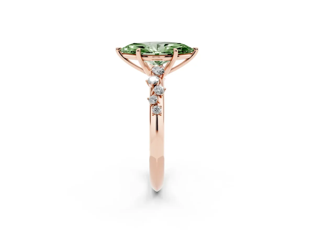 Fancy Green Marquise Cut Diamond Cluster Side Stone Solitaire Ring with Prong Setting Rose gold