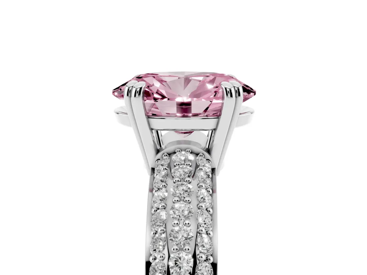 Fancy Pink Oval Cut Diamond Solitaire Ring with Multi-Row Round Pavé Band and Prong Setting Silver