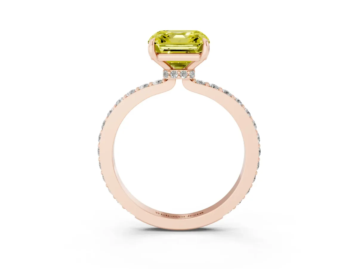 Fancy Yellow Asscher Cut Diamond Pavé Engagement Ring with Round Accents and Prong Setting Rose gold