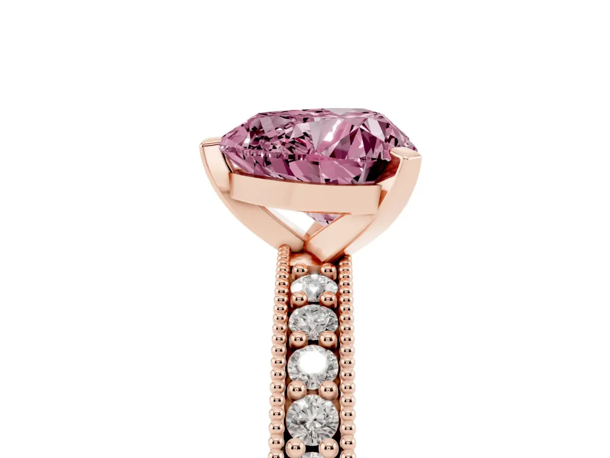 Fancy Pink Heart Cut Diamond Milgrain Pavé Engagement Ring with Four-Prong Setting Rose gold