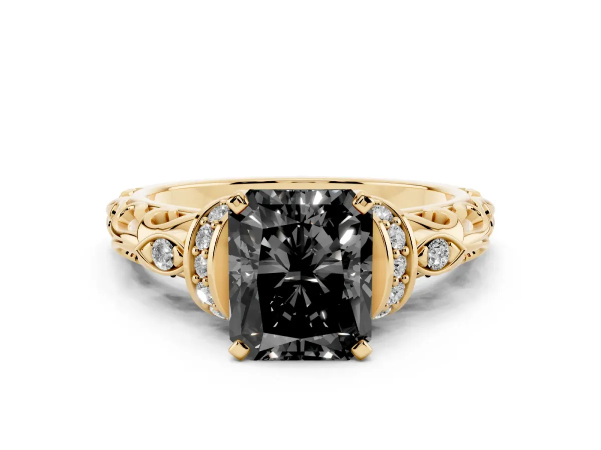 Fancy Black Radiant Cut Diamond Solitaire Ring with Filigree Band and Four-Prong Setting Yellow gold
