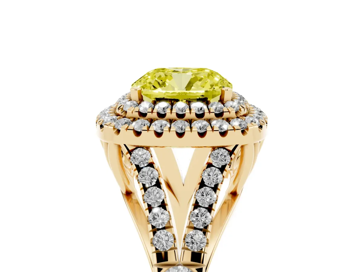 Fancy Yellow Cushion Cut Diamond Pavé Split Shank Double Halo Engagement Ring Yellow gold