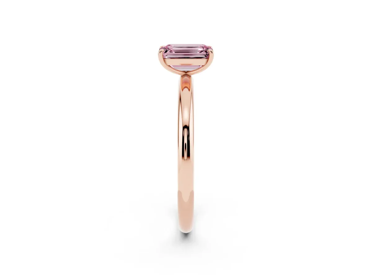 Fancy Pink Emerald Cut Solitaire Diamond Ring with Four-Prong Setting on a Plain Band Rose gold
