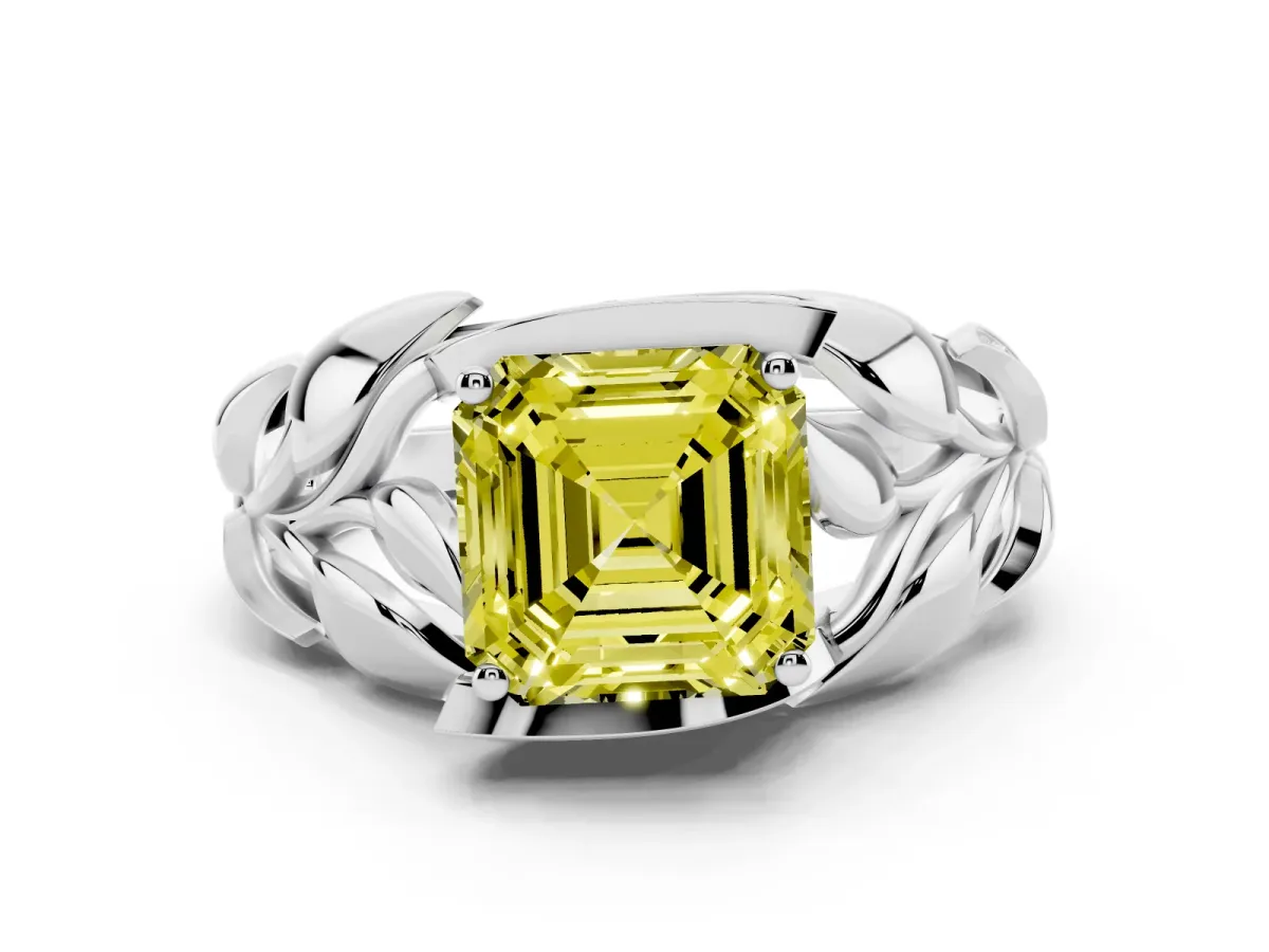 Fancy Yellow Asscher Cut Diamond Leaf-Inspired Engagement Ring with Round Accents and Prong Setting White gold