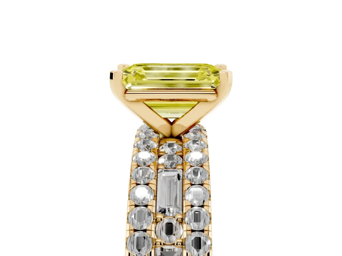 Fancy Yellow Emerald Cut Diamond Solitaire Ring with Pavé and Channel Set Band Yellow gold