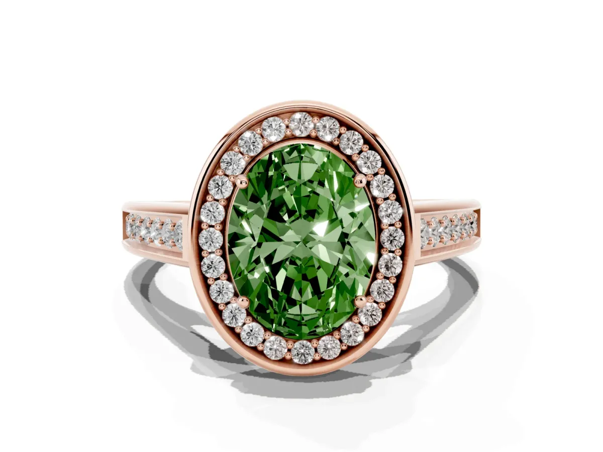 Fancy Green Oval Cut Halo Solitaire Diamond Ring with Pave Band and Bezel Setting Rose gold