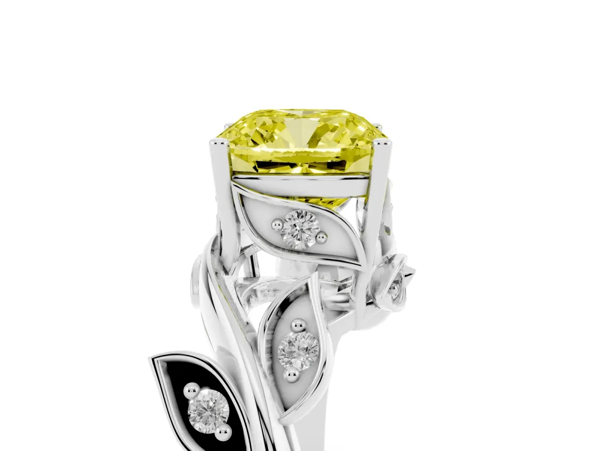 Fancy Yellow Cushion Cut Solitaire Twist Engagement Ring with Leaf Accents and Prong Setting Platinum