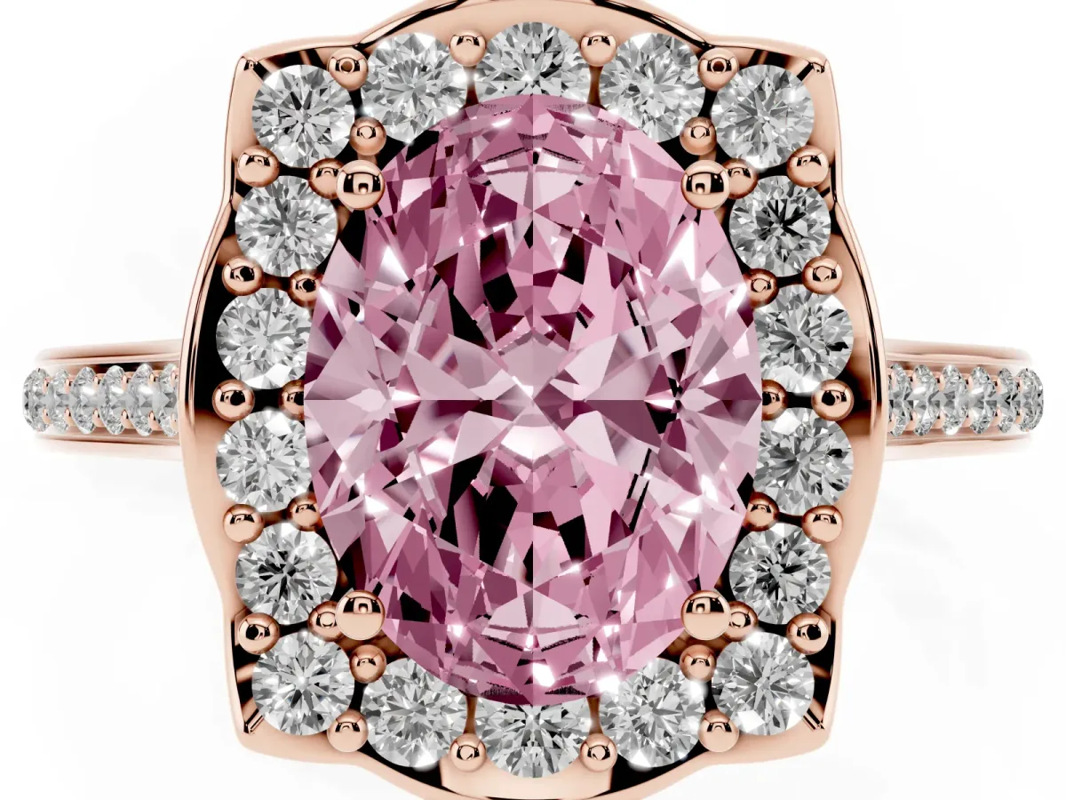 Fancy Pink Oval Cut Halo Round Diamond Pave Band with Four-Prong Setting Rose gold
