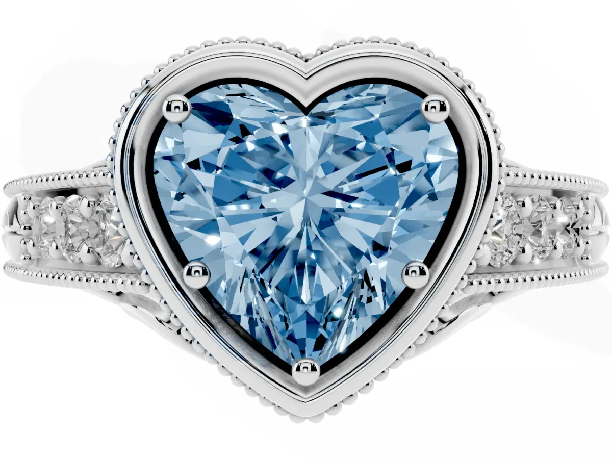 Fancy Blue Bezel Set Heart Cut Diamond Milgrain Pave Engagement Ring Silver