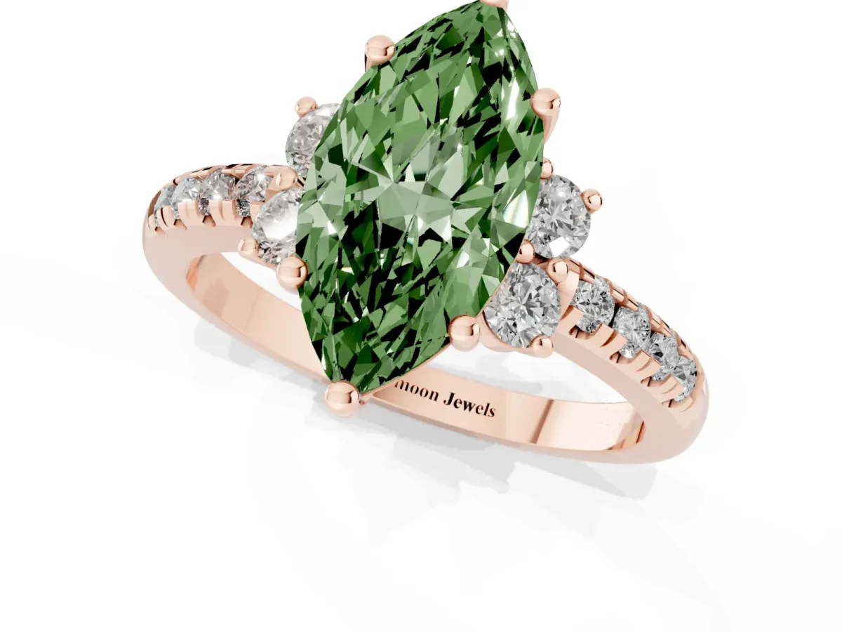 Fancy Green Marquise Cut Diamond Three-Stone Pave Band with Four-Prong Setting Rose gold