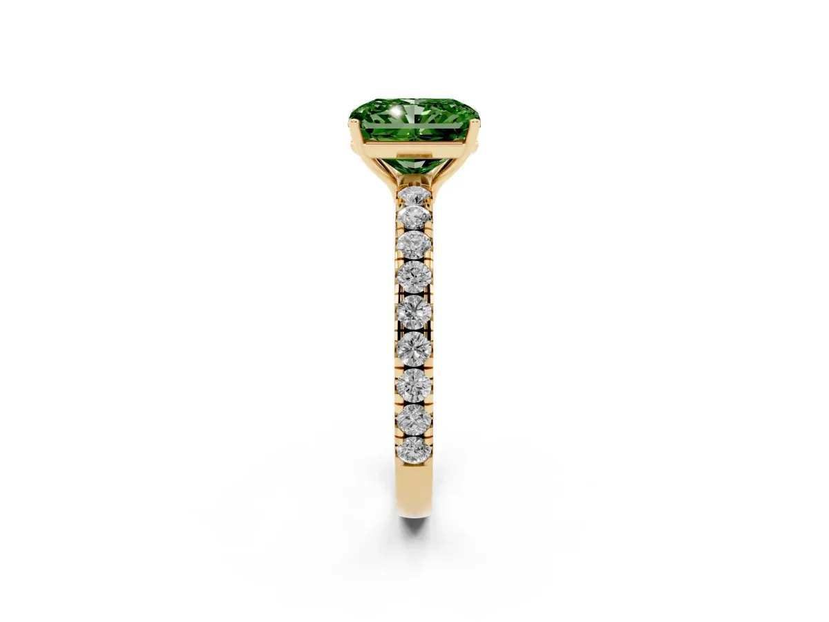 Fancy Green Radiant Cut Diamond Pavé Solitaire Engagement Ring with Four-Prong Setting Yellow gold
