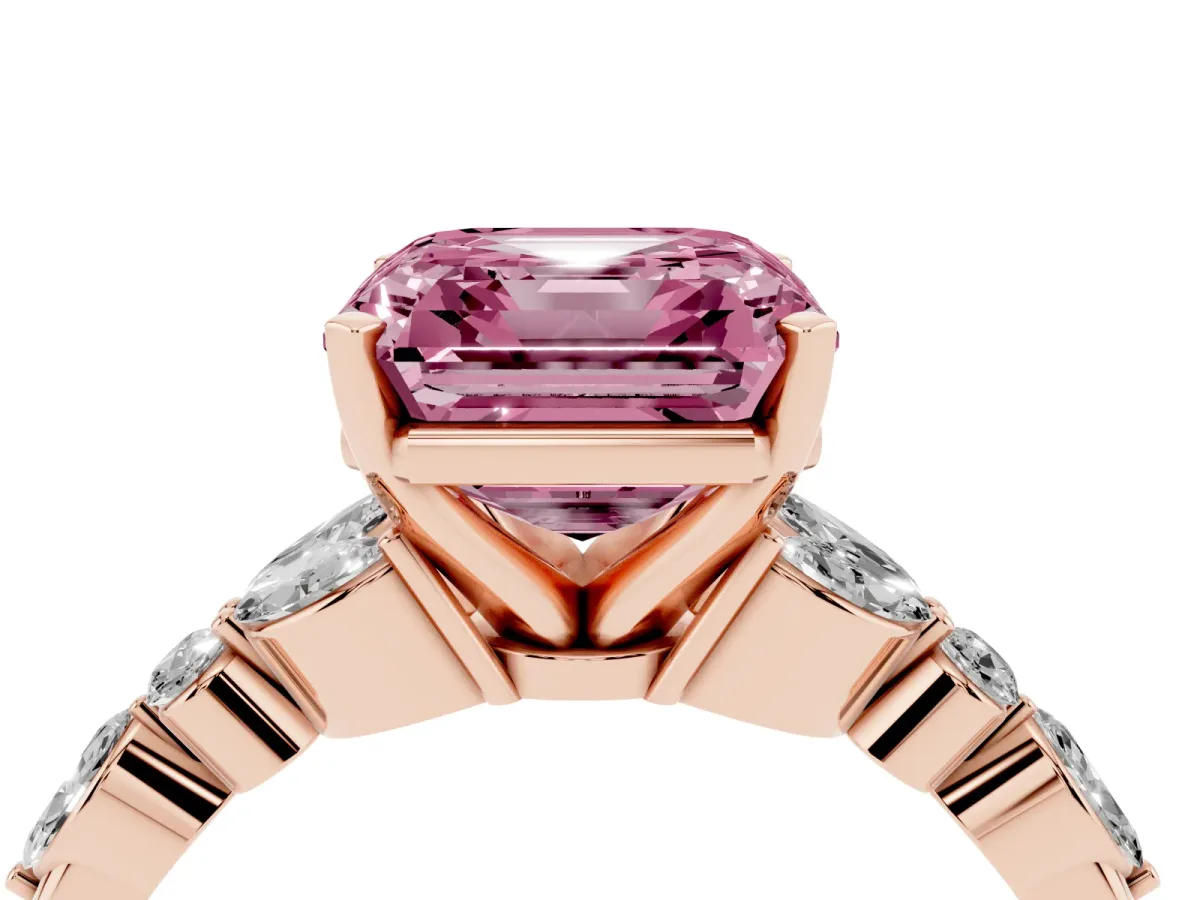 Fancy Pink Asscher Cut Diamond Solitaire Ring with Side Stones and Four-Prong Setting Rose gold