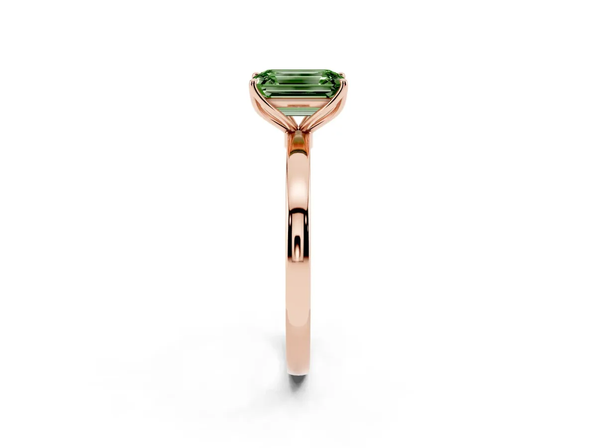 Fancy Green Emerald Cut Diamond Solitaire Ring with Thin Band and Prong Setting Rose gold