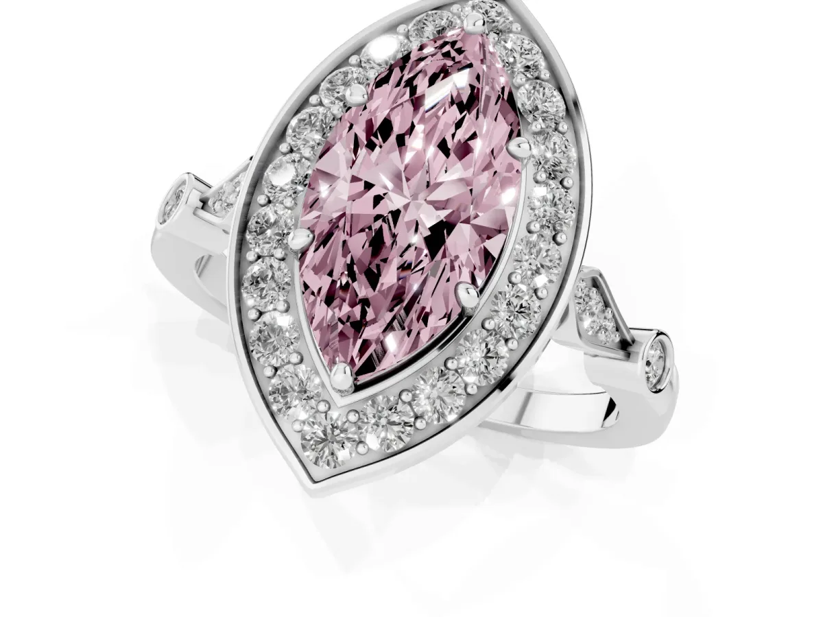 Fancy Pink Marquise Cut Halo Diamond Engagement Ring with Twisted Band and Four-Prong Setting Platinum