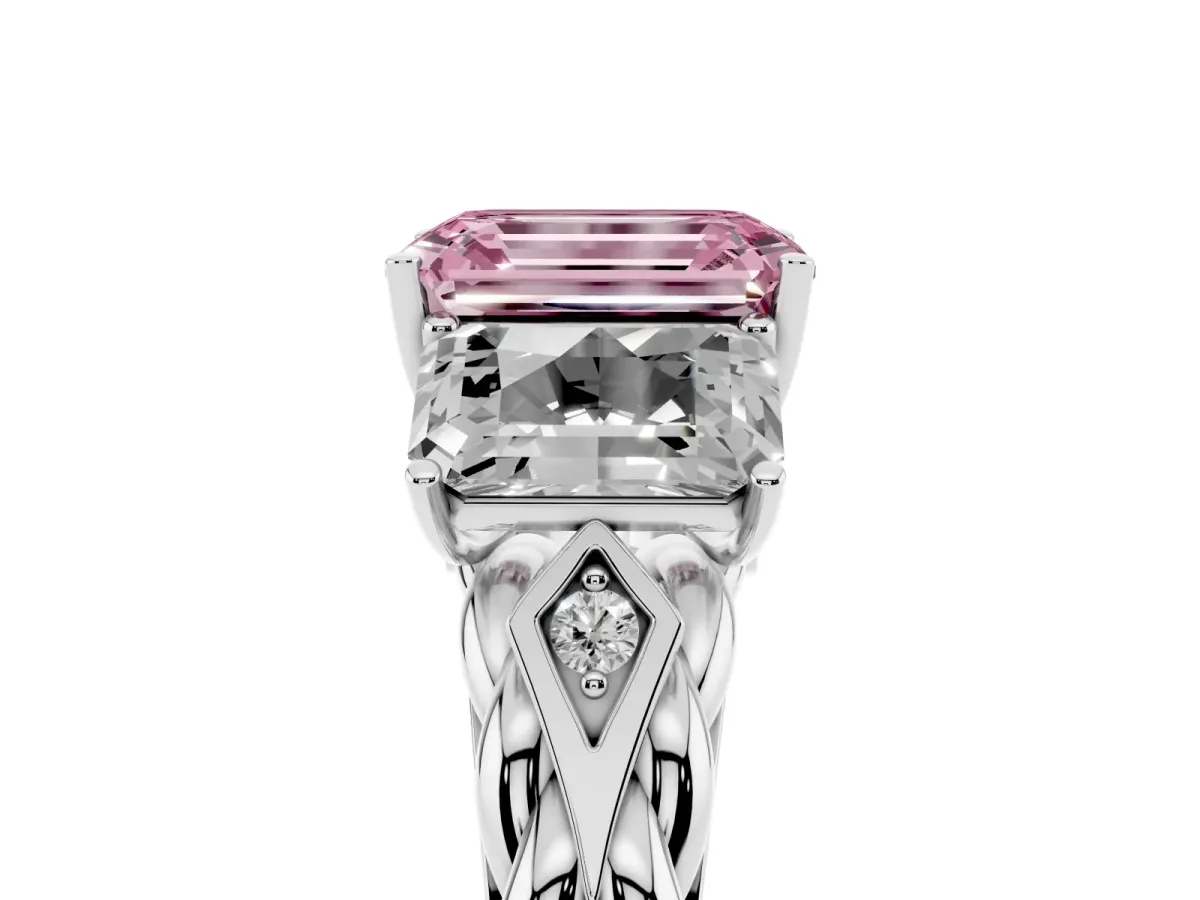 Fancy Pink Three-Stone Emerald Cut Diamond Braided Band Ring with Four-Prong Setting Platinum