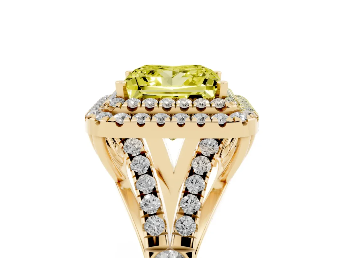 Fancy Yellow Double Halo Princess Cut Diamond Split Shank Engagement Ring with Four-Prong Setting Yellow gold