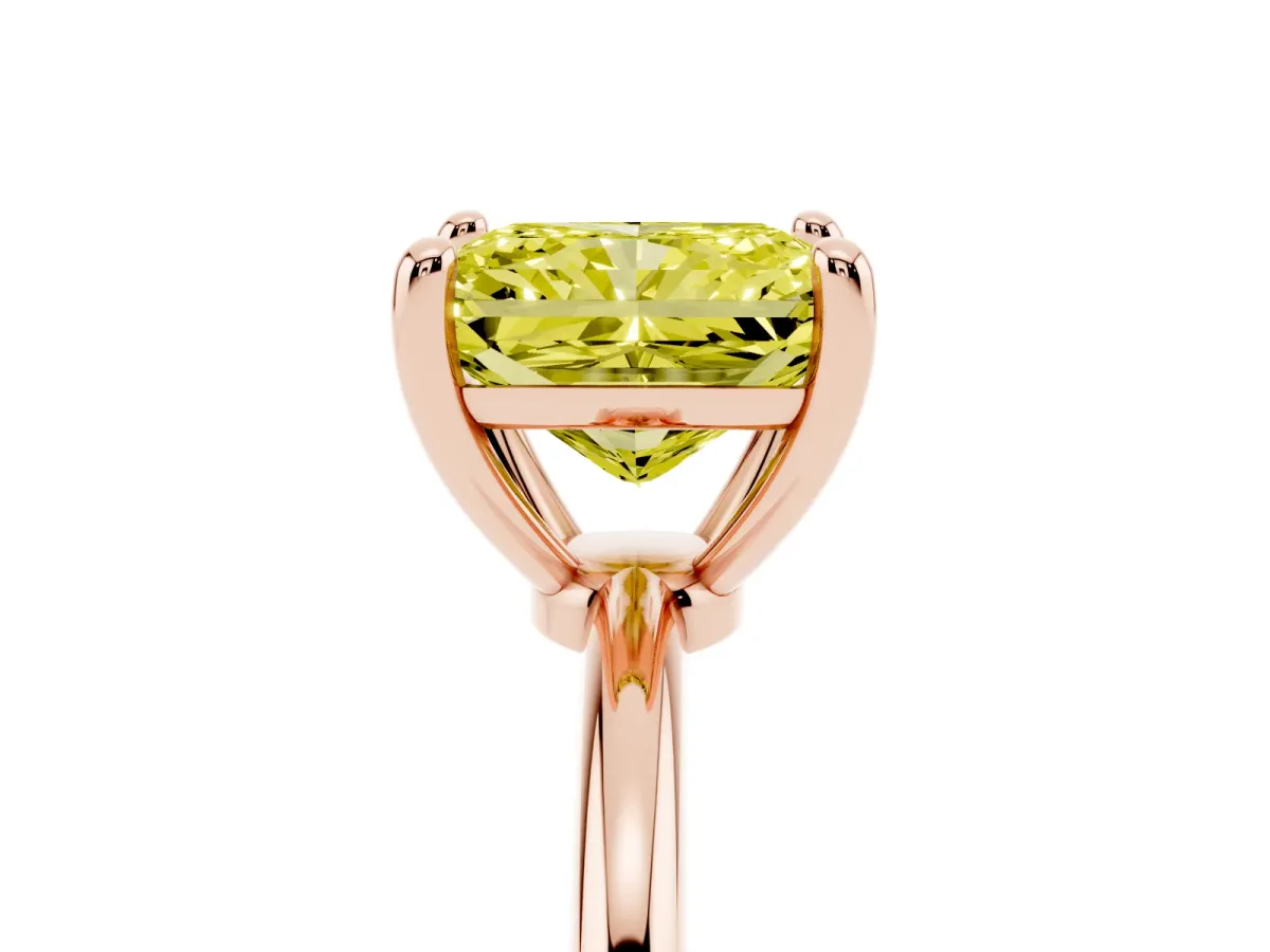 Fancy Yellow Radiant Cut Solitaire Diamond Ring with 4-Prong Setting on a Classic Band Rose gold