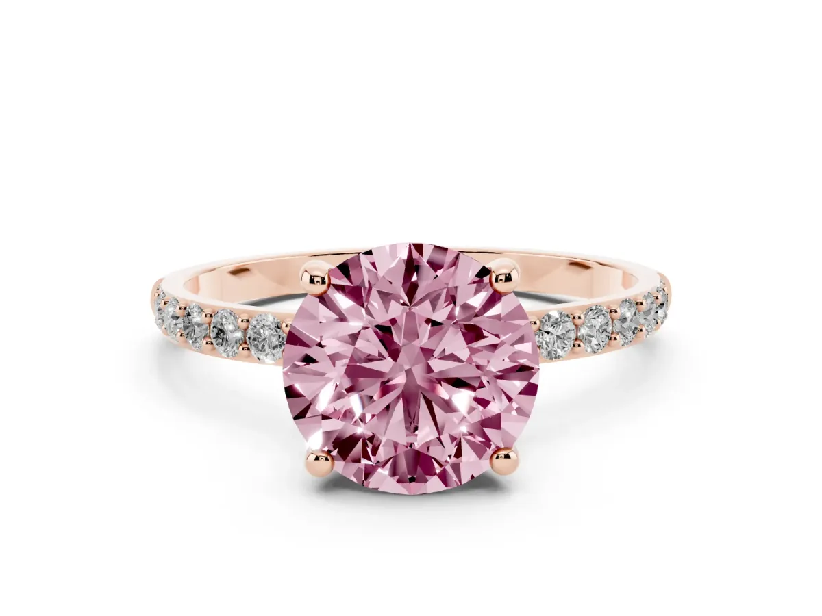 Fancy Pink Round Cut Diamond Solitaire Ring with Round Pavé Band and Prong Setting Rose gold