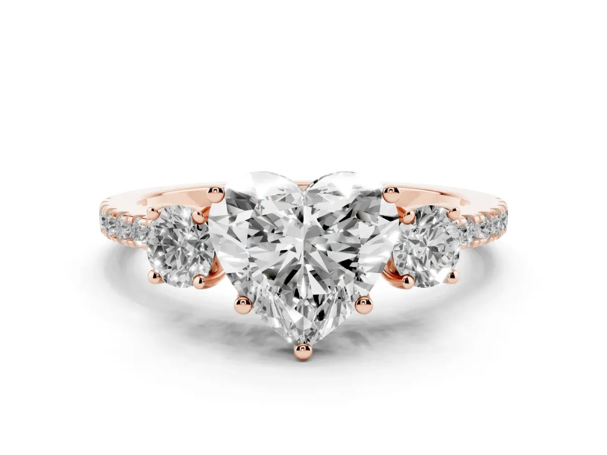 Three-Stone Heart Cut Cut Diamond Pavé Band with Prong Setting Rose gold