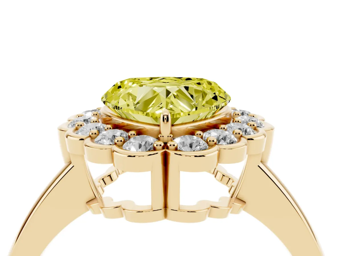 Fancy Yellow Heart Cut Halo Cluster Diamond Engagement Ring with Solitaire Band and Prong Setting Yellow gold