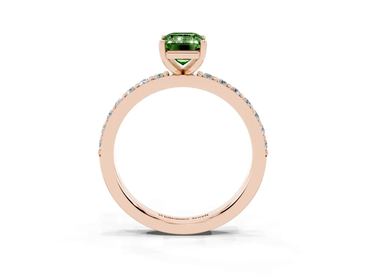 Fancy Green Emerald Cut Cut Diamond Solitaire with Pave Band and Four-Prong Setting Rose gold