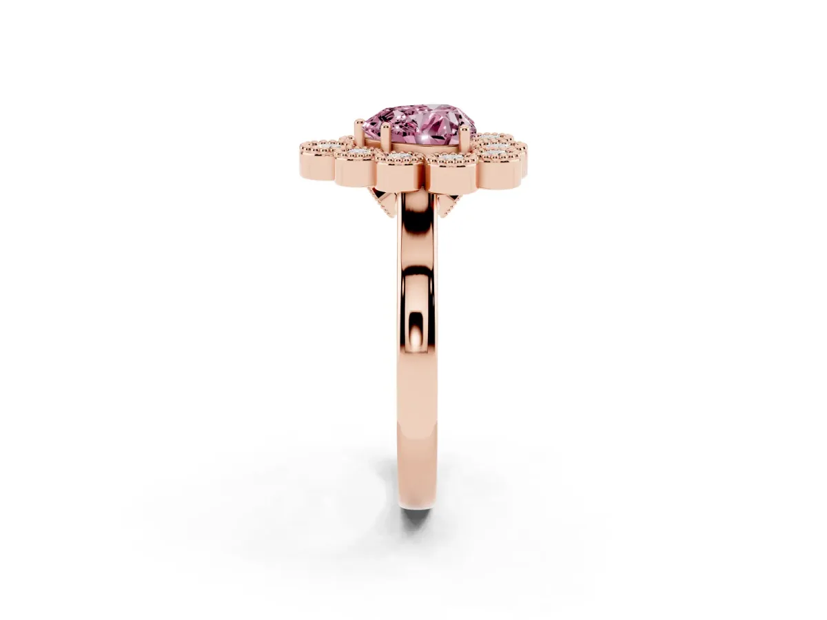 Fancy Pink Heart Cut Halo Diamond Cluster Engagement Ring with Milgrain Bezel Setting and Solitaire Band Rose gold