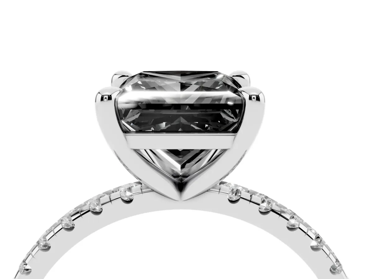 Fancy Black Princess Cut Diamond Brilliant Solitaire Ring with Pavé Band and Four-Prong Setting White gold