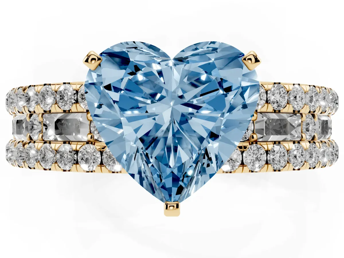 Fancy Blue Heart Cut Diamond Solitaire Ring with Pavé and Channel Set Band Yellow gold