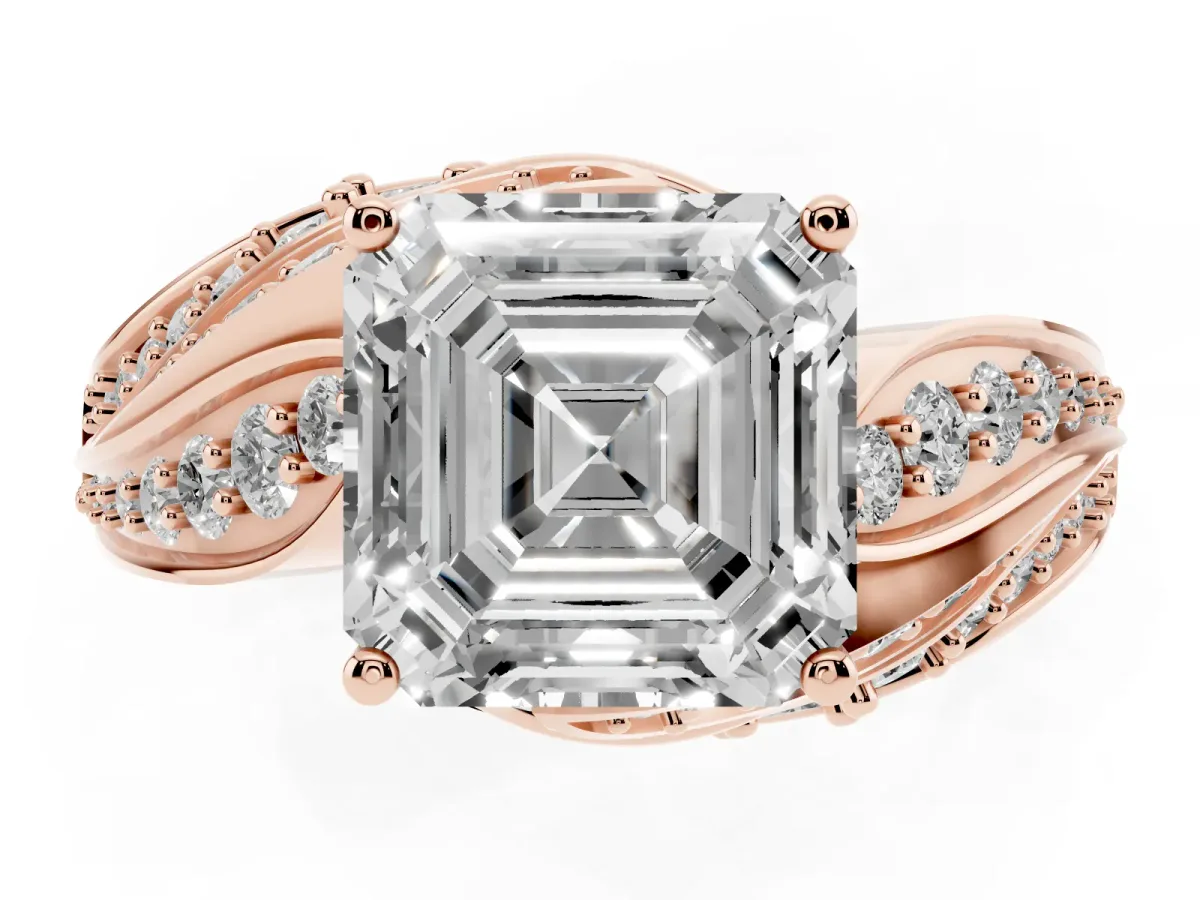 Asscher Cut Diamond Solitaire Ring with Prong Setting and Twisted Pavé Band Rose gold