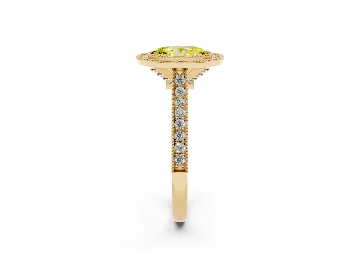 Fancy Yellow Halo Oval Cut-Cut Diamond Pave Band Milgrain Prong Setting Ring Yellow gold