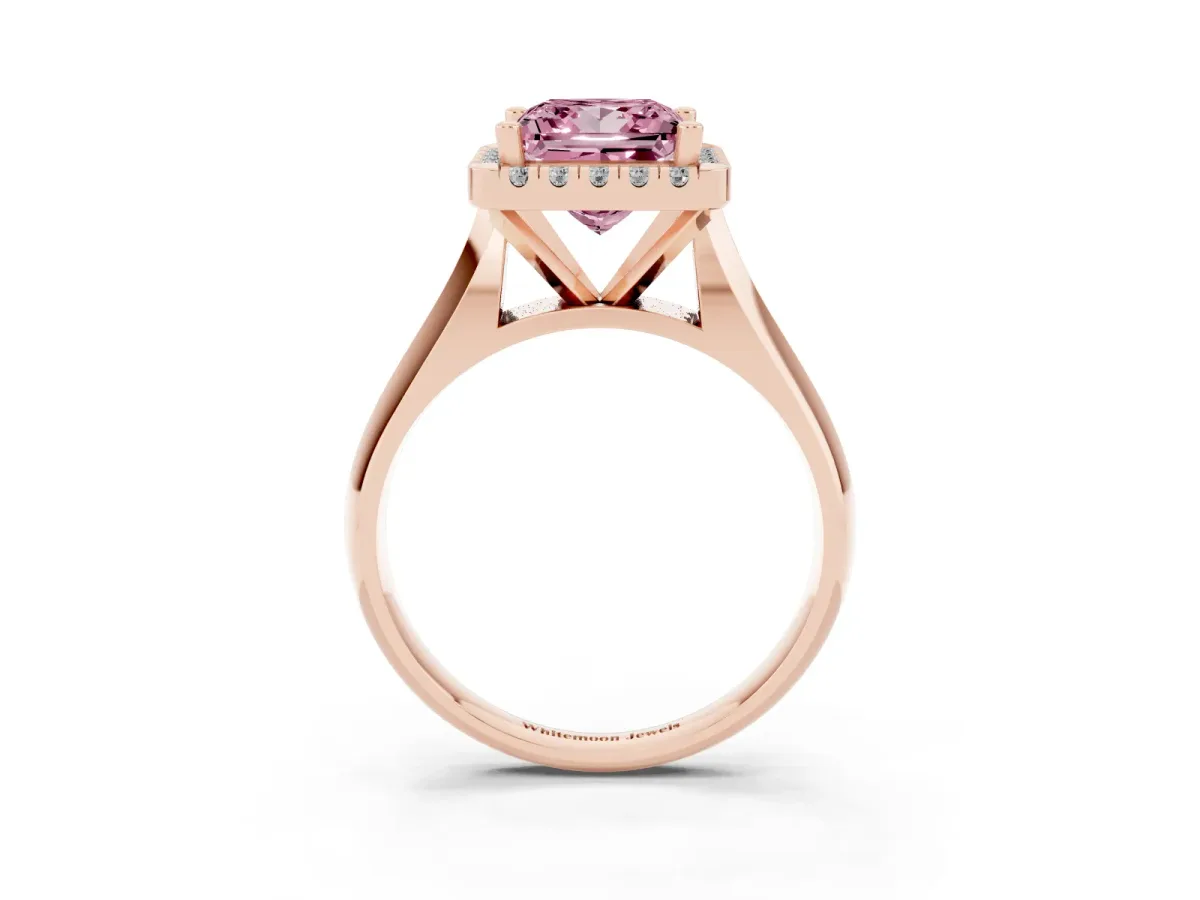 Fancy Pink Princess Cut Cut Halo Solitaire Engagement Ring with Square Band and Four-Prong Setting Rose gold