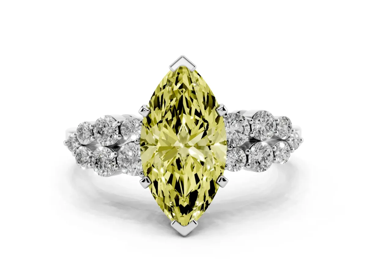 Fancy Yellow Marquise Cut Cluster Diamond Engagement Ring with Pavé Band and Four-Prong Setting Silver