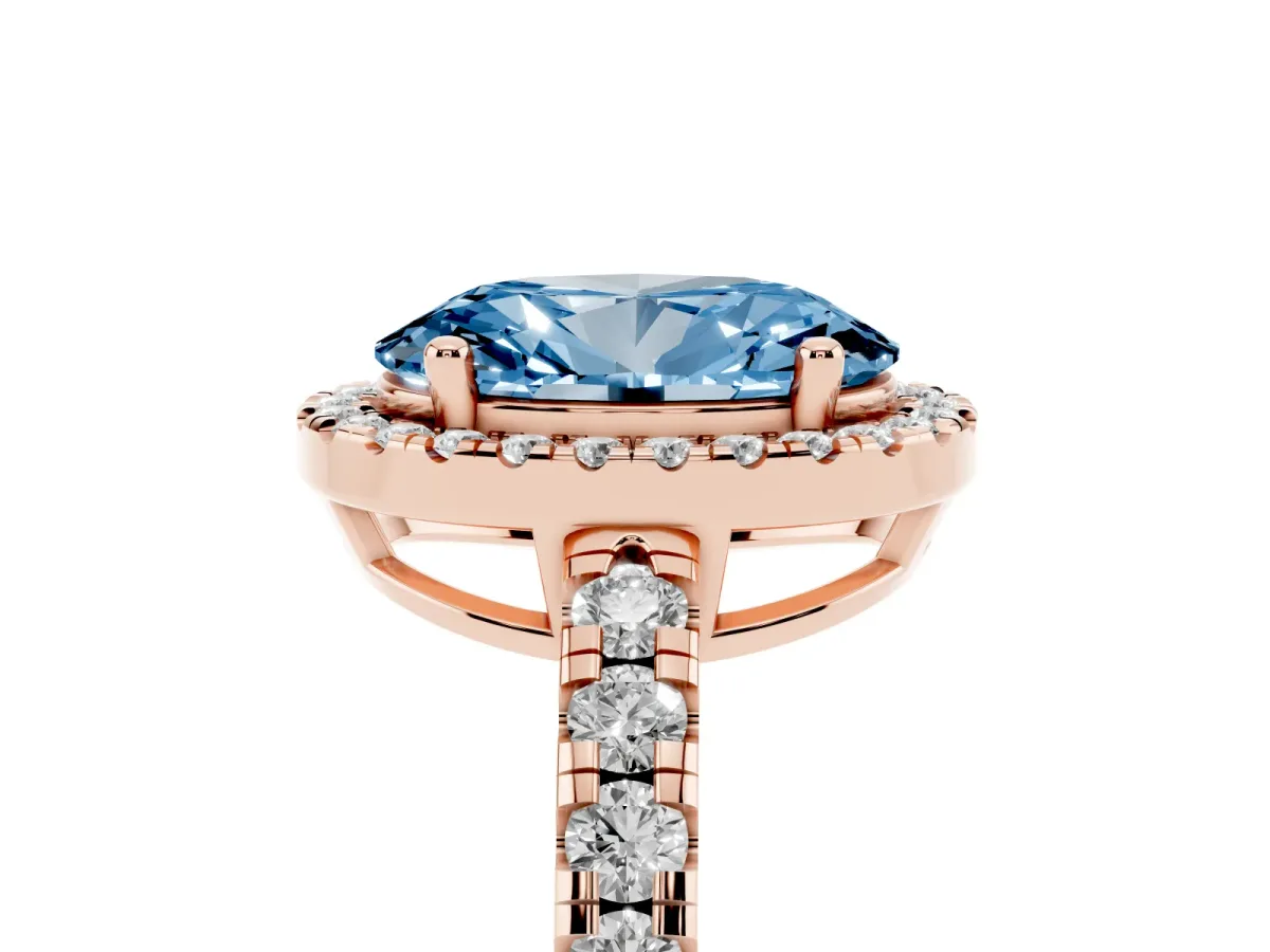 Fancy Blue Oval Cut Diamond Halo Ring with Pavé Band and Four-Prong Setting Rose gold