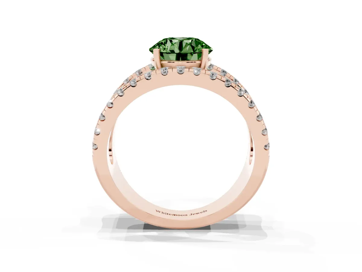 Fancy Green Round Cut Solitaire Split Shank Pave Diamond Ring Rose gold