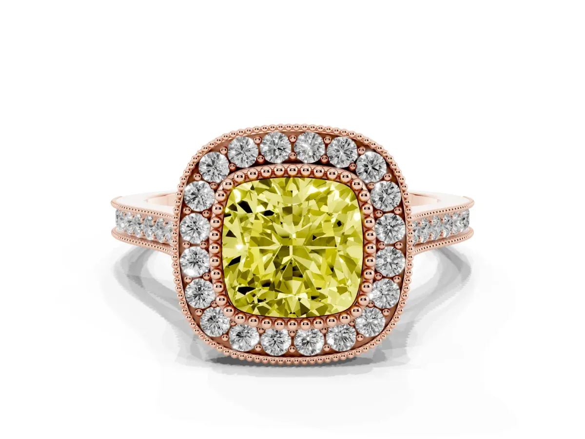 Fancy Yellow Cushion Cut Diamond Halo Ring with Milgrain Frame and Pavé Band Rose gold