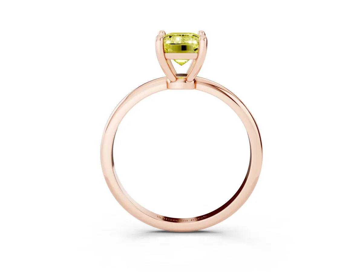 Fancy Yellow Emerald Cut Solitaire Diamond Ring with 4-Prong Setting on a Classic Band Rose gold