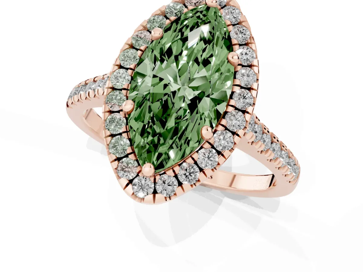 Fancy Green Marquise Cut Diamond Cushion Halo Ring with Pavé Band Rose gold
