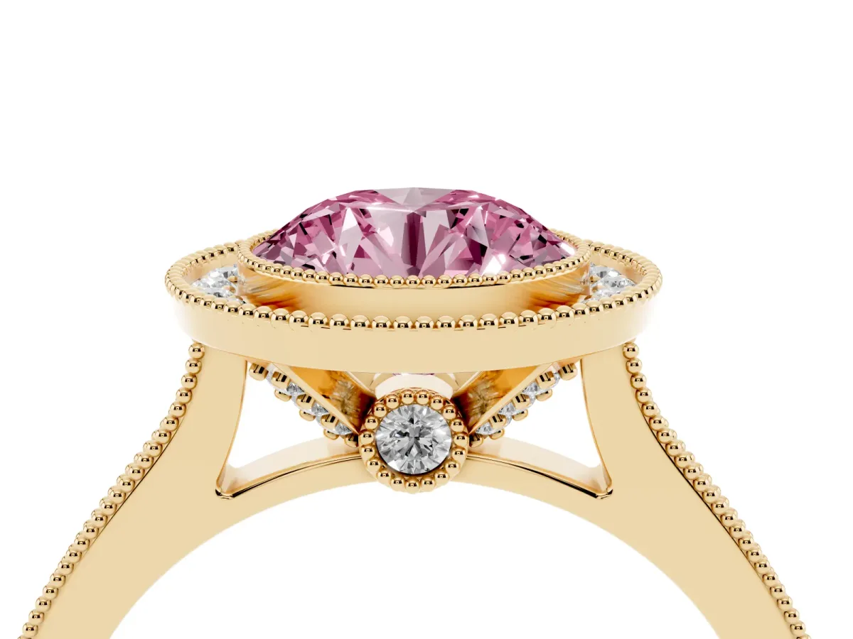 Fancy Pink Halo Round Cut-Cut Diamond Pave Band Milgrain Prong Setting Ring Yellow gold